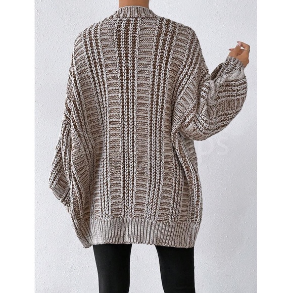 Oversized Mocha Brown Cable Knit Cardigan Long Sleeves Hip Length Buttoned - Picture 6 of 12